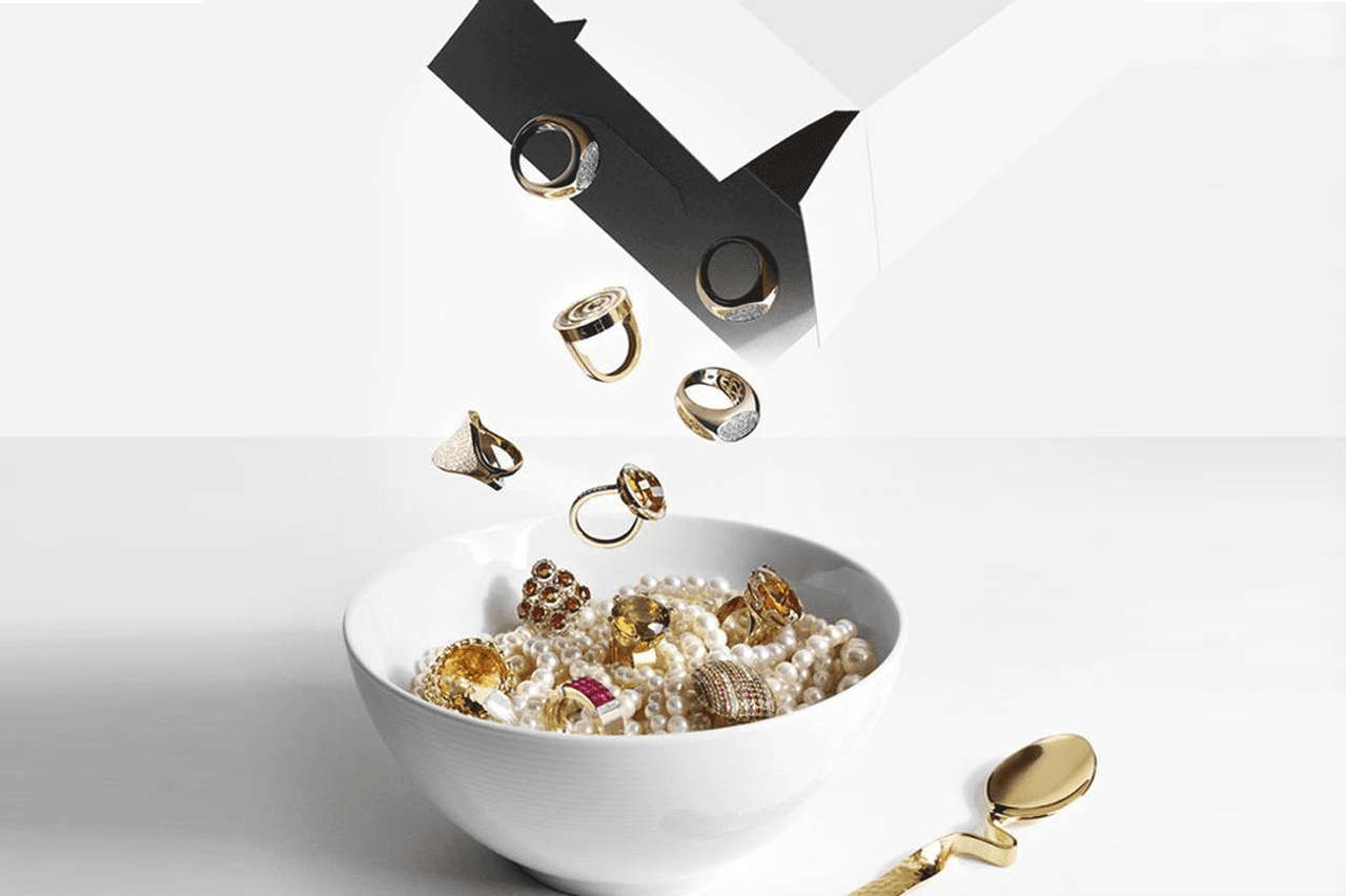 Jewellery displayed in a bowl